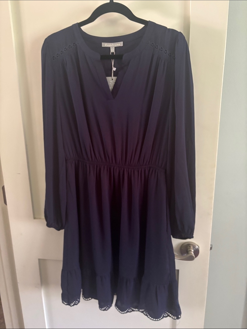 Daniel Rainn Navy Long-Sleeve Elastic-Waist V-Neck Ruffle-Hem Dress